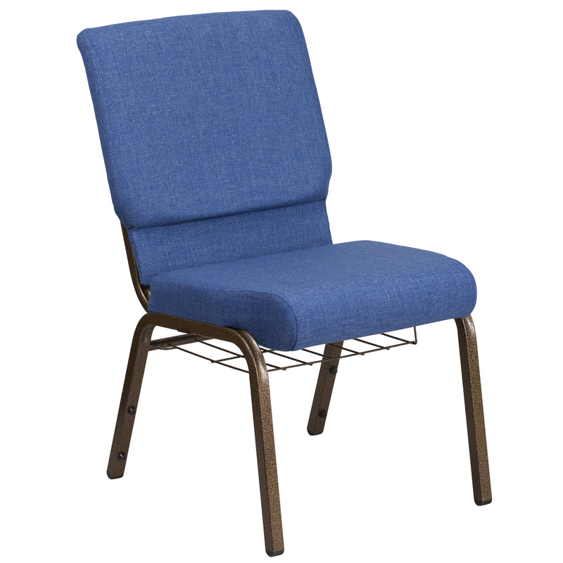 SINGLEWAVE Series 18.5''W Church Chair in Blue Fabric with Cup Book Rack - Gold Vein Frame