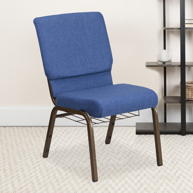 SINGLEWAVE Series 18.5''W Church Chair in Blue Fabric with Cup Book Rack - Gold Vein Frame