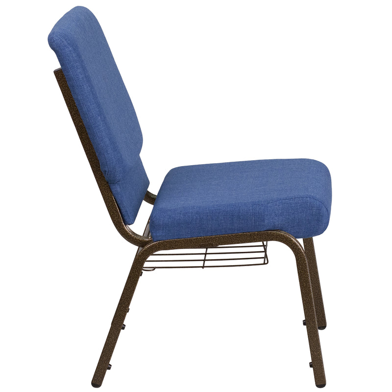 SINGLEWAVE Series 18.5''W Church Chair in Blue Fabric with Cup Book Rack - Gold Vein Frame