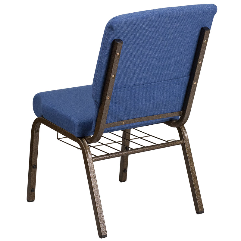 SINGLEWAVE Series 18.5''W Church Chair in Blue Fabric with Cup Book Rack - Gold Vein Frame