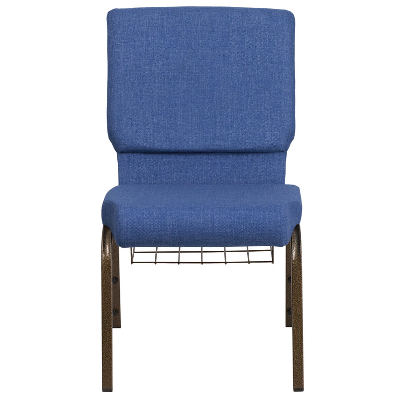 SINGLEWAVE Series 18.5''W Church Chair in Blue Fabric with Cup Book Rack - Gold Vein Frame