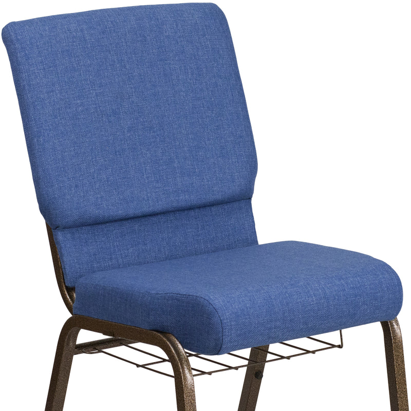 SINGLEWAVE Series 18.5''W Church Chair in Blue Fabric with Cup Book Rack - Gold Vein Frame