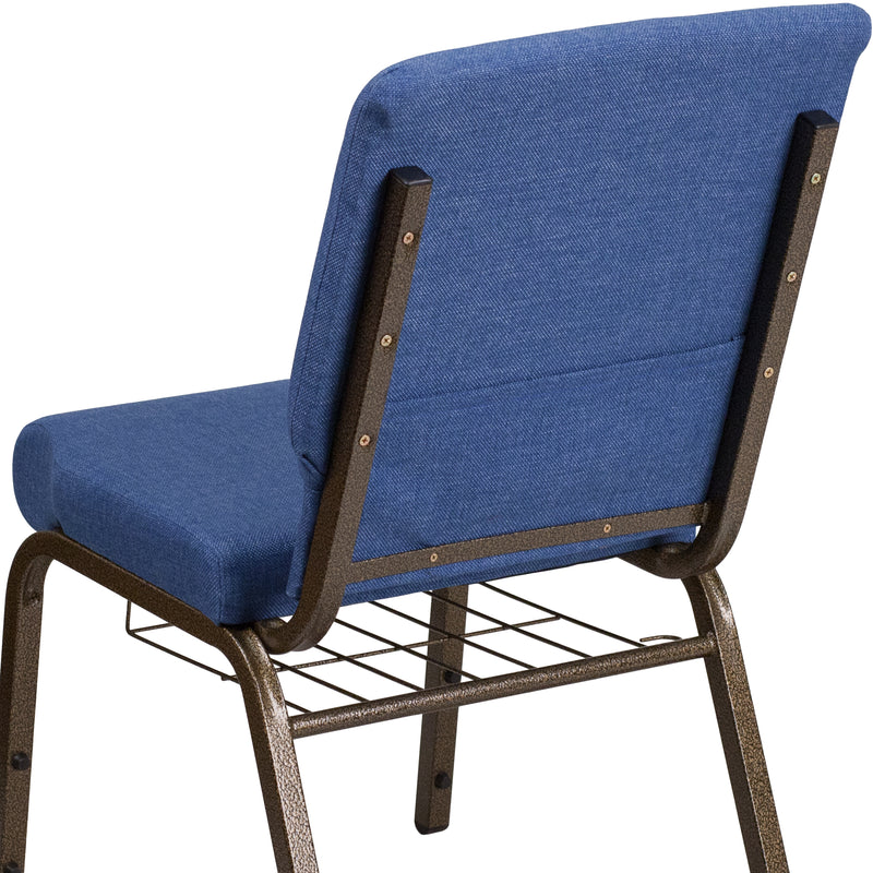 SINGLEWAVE Series 18.5''W Church Chair in Blue Fabric with Cup Book Rack - Gold Vein Frame