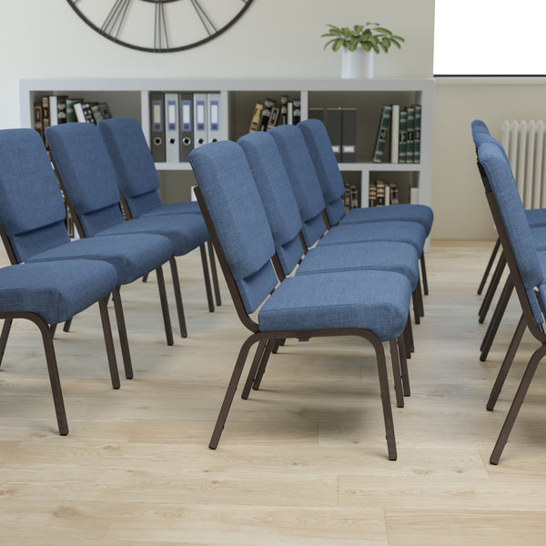 SINGLEWAVE Series 18.5''W Stacking Church Chair in Blue Fabric - Gold Vein Frame