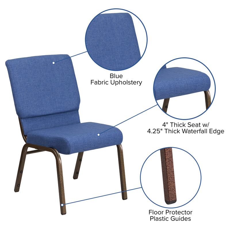 SINGLEWAVE Series 18.5''W Stacking Church Chair in Blue Fabric - Gold Vein Frame