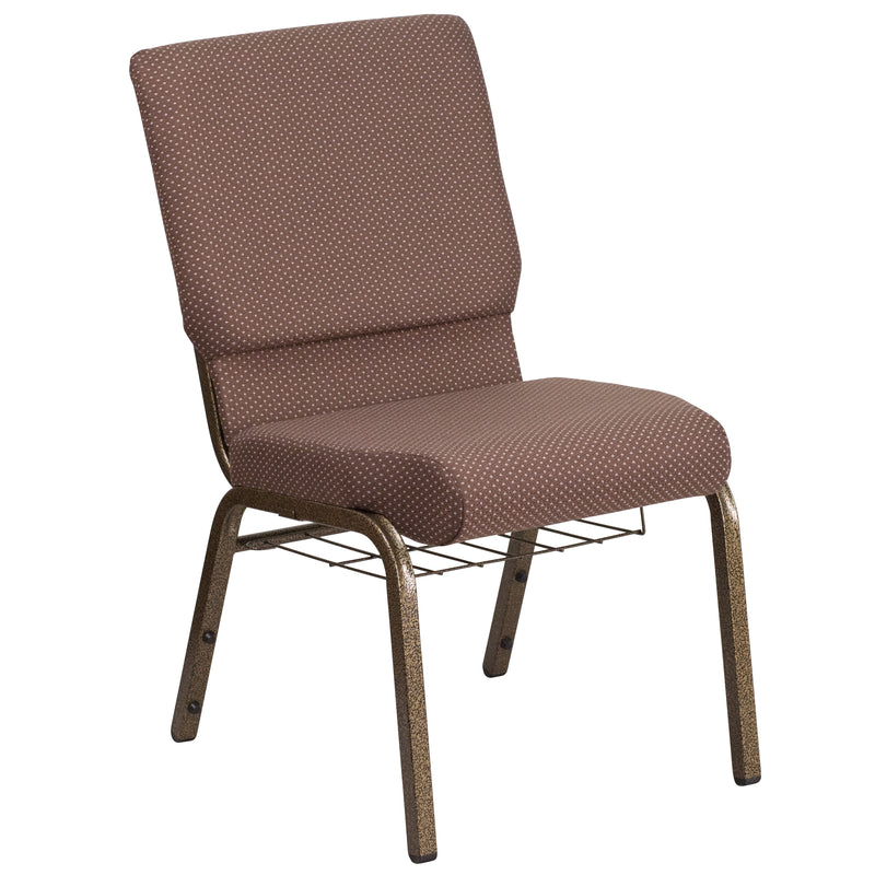 SINGLEWAVE Series 18.5''W Church Chair in Brown Dot Fabric with Book Rack - Gold Vein Frame