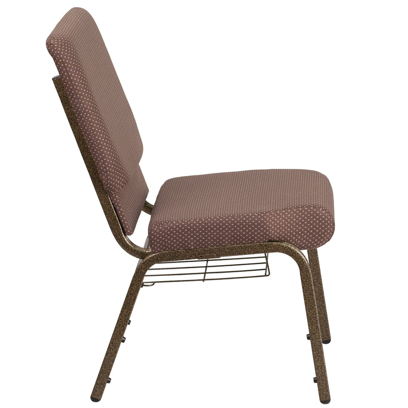 SINGLEWAVE Series 18.5''W Church Chair in Brown Dot Fabric with Book Rack - Gold Vein Frame