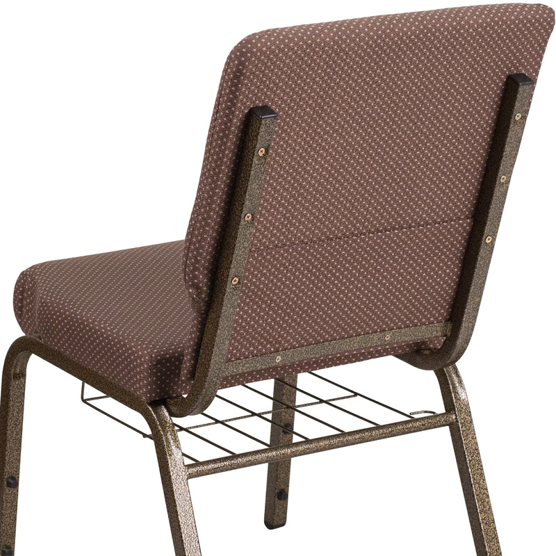 SINGLEWAVE Series 18.5''W Church Chair in Brown Dot Fabric with Book Rack - Gold Vein Frame