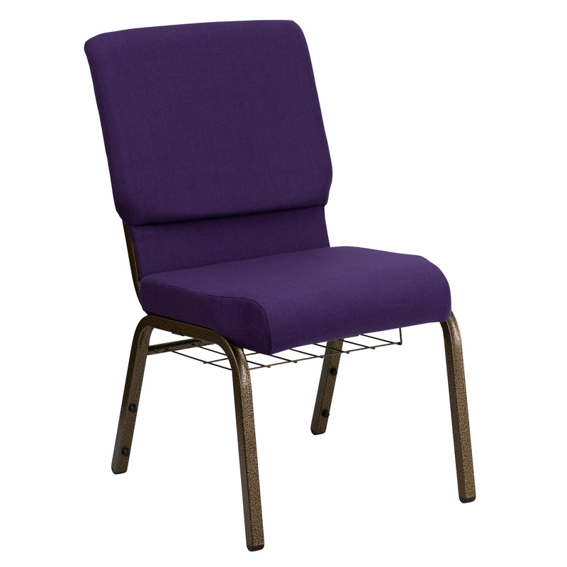 SINGLEWAVE Series 18.5''W Church Chair in Royal Purple Fabric with Cup Book Rack - Gold Vein Frame