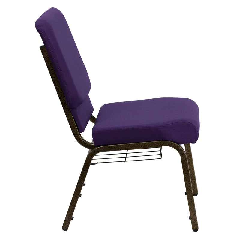 SINGLEWAVE Series 18.5''W Church Chair in Royal Purple Fabric with Cup Book Rack - Gold Vein Frame