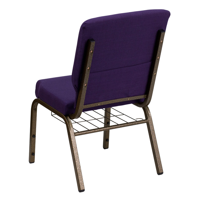 SINGLEWAVE Series 18.5''W Church Chair in Royal Purple Fabric with Cup Book Rack - Gold Vein Frame