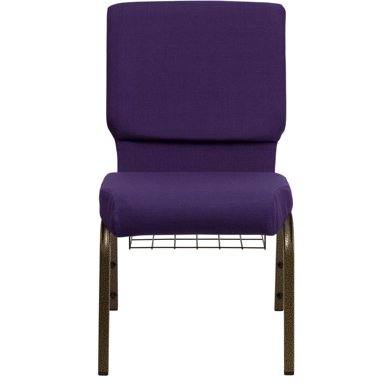 SINGLEWAVE Series 18.5''W Church Chair in Royal Purple Fabric with Cup Book Rack - Gold Vein Frame