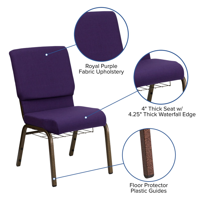 SINGLEWAVE Series 18.5''W Church Chair in Royal Purple Fabric with Cup Book Rack - Gold Vein Frame