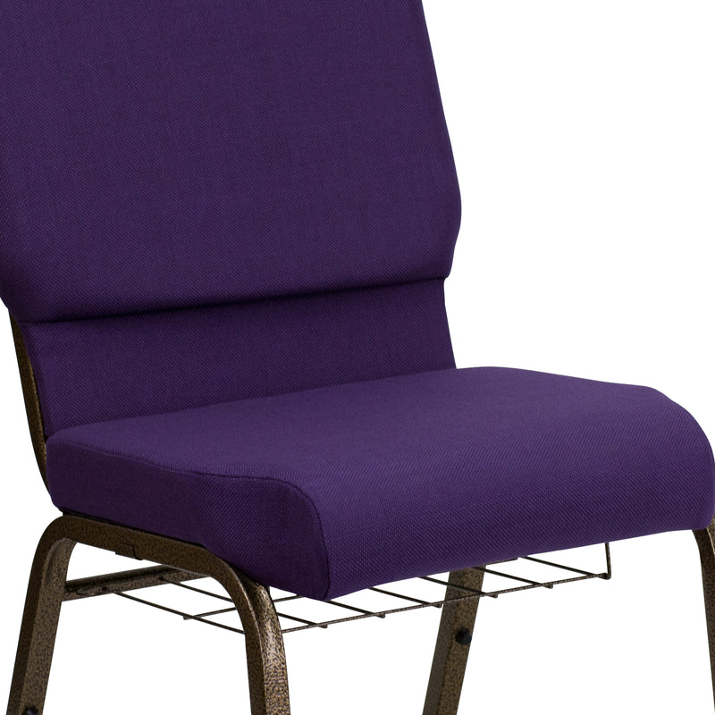 SINGLEWAVE Series 18.5''W Church Chair in Royal Purple Fabric with Cup Book Rack - Gold Vein Frame