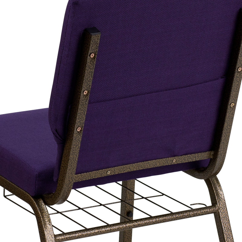 SINGLEWAVE Series 18.5''W Church Chair in Royal Purple Fabric with Cup Book Rack - Gold Vein Frame