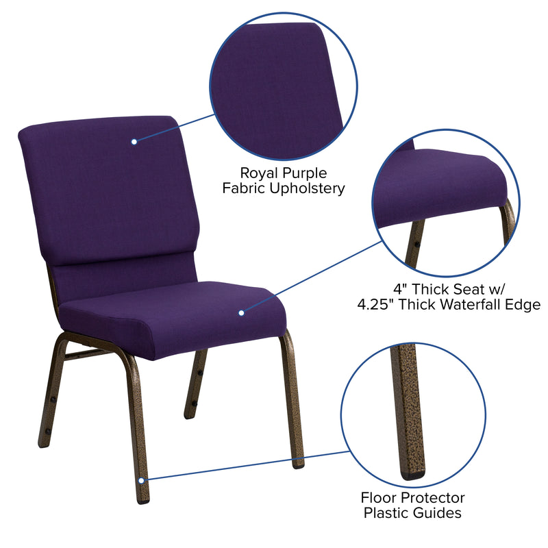 SINGLEWAVE Series 18.5''W Stacking Church Chair in Royal Purple Fabric - Gold Vein Frame