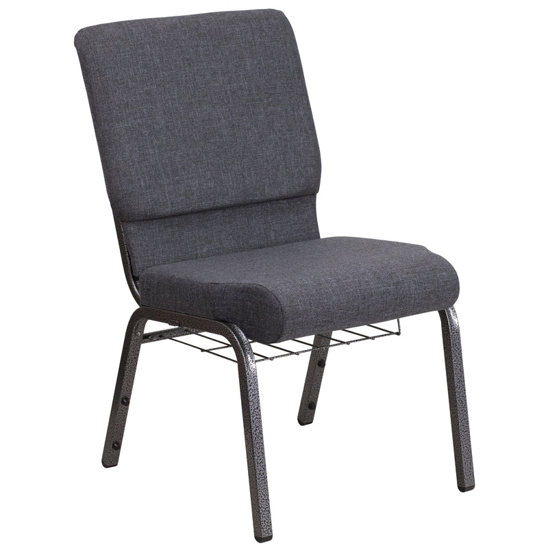 SINGLEWAVE Series 18.5''W Church Chair in Dark Gray Fabric with Book Rack - Silver Vein Frame