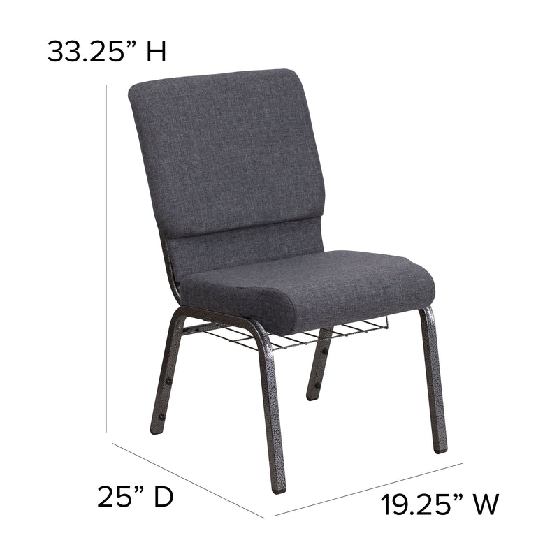 SINGLEWAVE Series 18.5''W Church Chair in Dark Gray Fabric with Book Rack - Silver Vein Frame