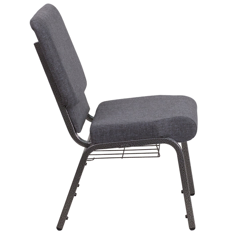 SINGLEWAVE Series 18.5''W Church Chair in Dark Gray Fabric with Book Rack - Silver Vein Frame