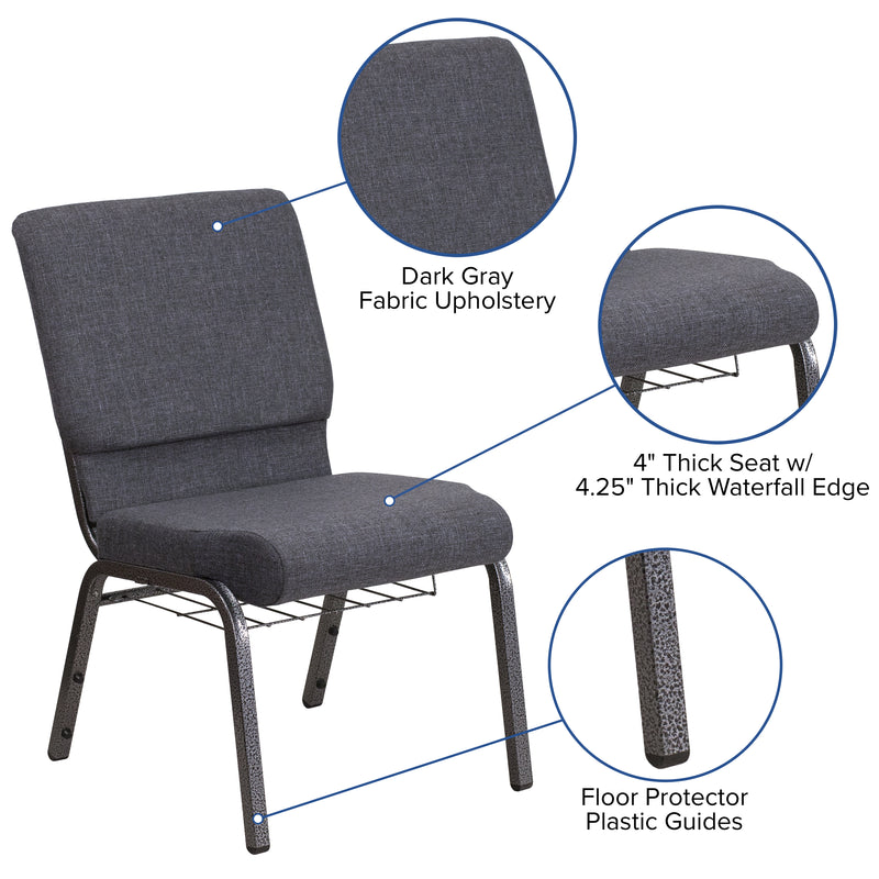 SINGLEWAVE Series 18.5''W Church Chair in Dark Gray Fabric with Book Rack - Silver Vein Frame