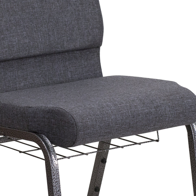 SINGLEWAVE Series 18.5''W Church Chair in Dark Gray Fabric with Book Rack - Silver Vein Frame