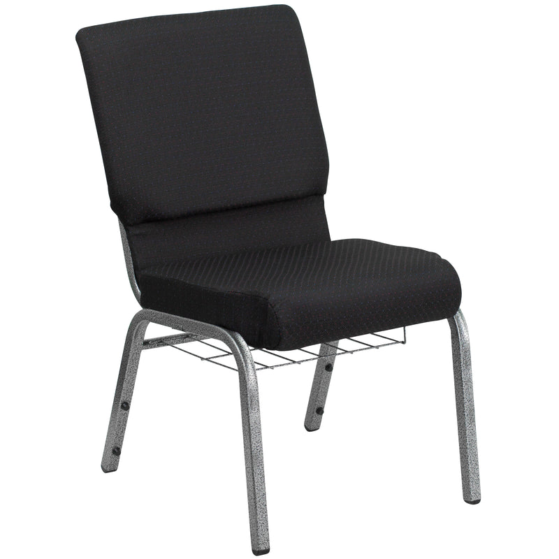 SINGLEWAVE Series 18.5''W Church Chair in Black Patterned Fabric with Cup Book Rack - Silver Vein Frame