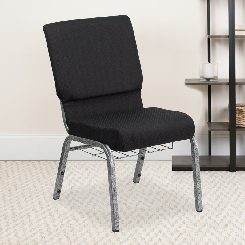 SINGLEWAVE Series 18.5''W Church Chair in Black Patterned Fabric with Cup Book Rack - Silver Vein Frame