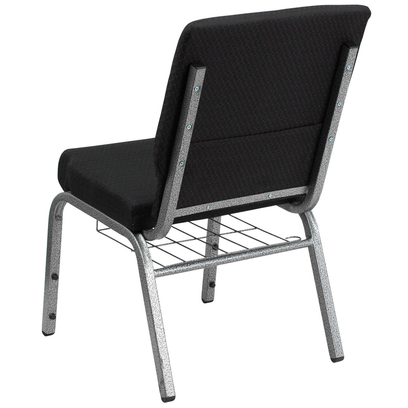 SINGLEWAVE Series 18.5''W Church Chair in Black Patterned Fabric with Cup Book Rack - Silver Vein Frame