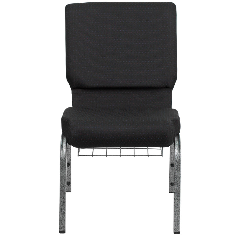 SINGLEWAVE Series 18.5''W Church Chair in Black Patterned Fabric with Cup Book Rack - Silver Vein Frame