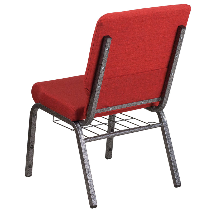 SINGLEWAVE Series 18.5''W Church Chair in Red Fabric with Cup Book Rack - Silver Vein Frame