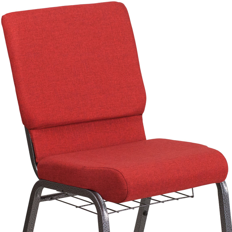 SINGLEWAVE Series 18.5''W Church Chair in Red Fabric with Cup Book Rack - Silver Vein Frame