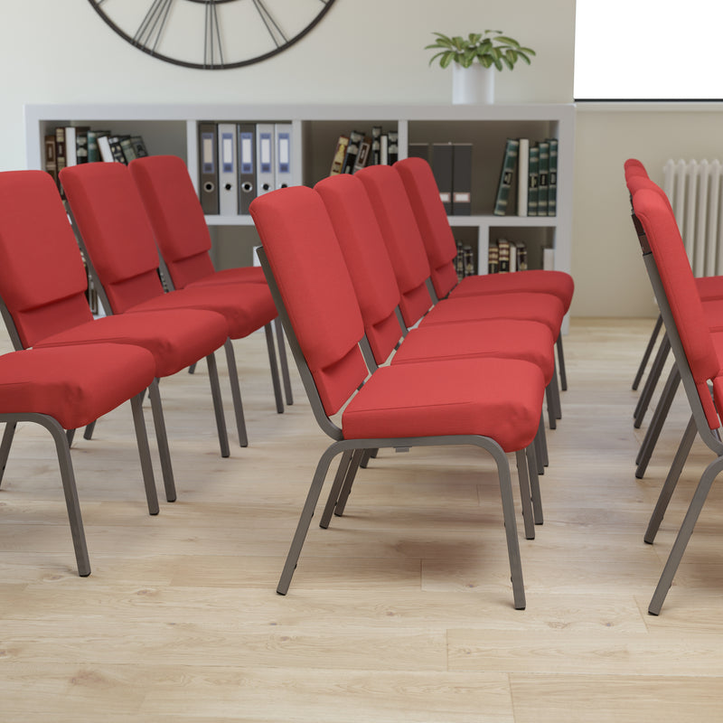 SINGLEWAVE Series 18.5''W Stacking Church Chair in Red Fabric - Silver Vein Frame