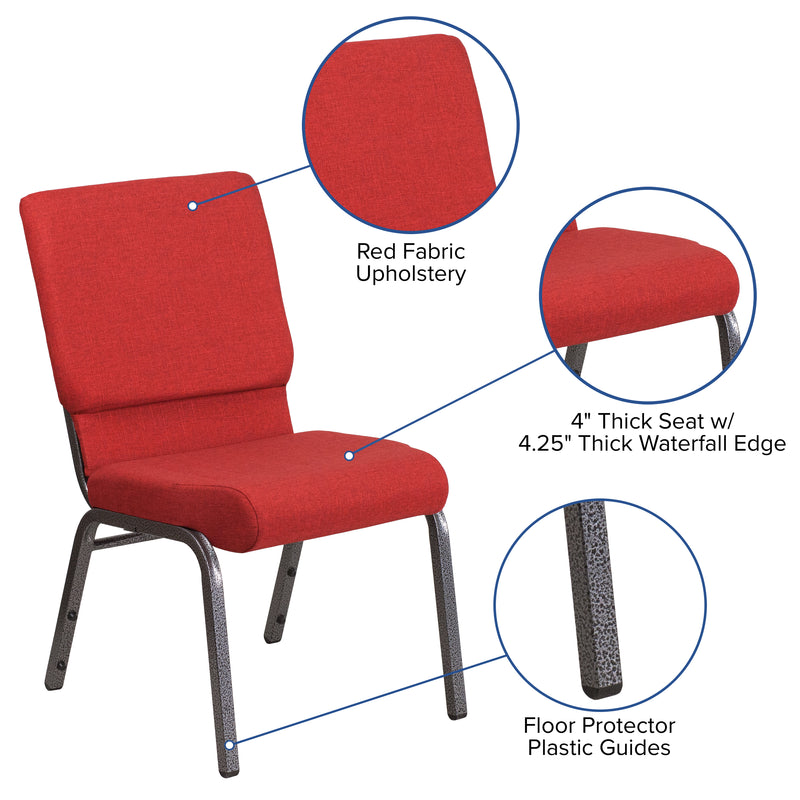 SINGLEWAVE Series 18.5''W Stacking Church Chair in Red Fabric - Silver Vein Frame