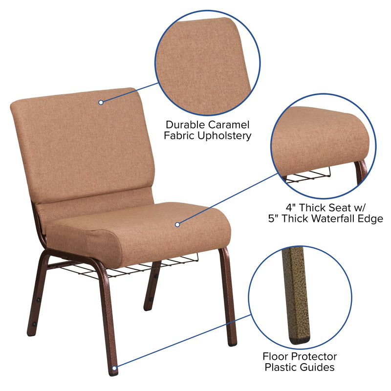 SINGLEWAVE Series 21''W Church Chair in Caramel Fabric with Cup Book Rack - Copper Vein Frame