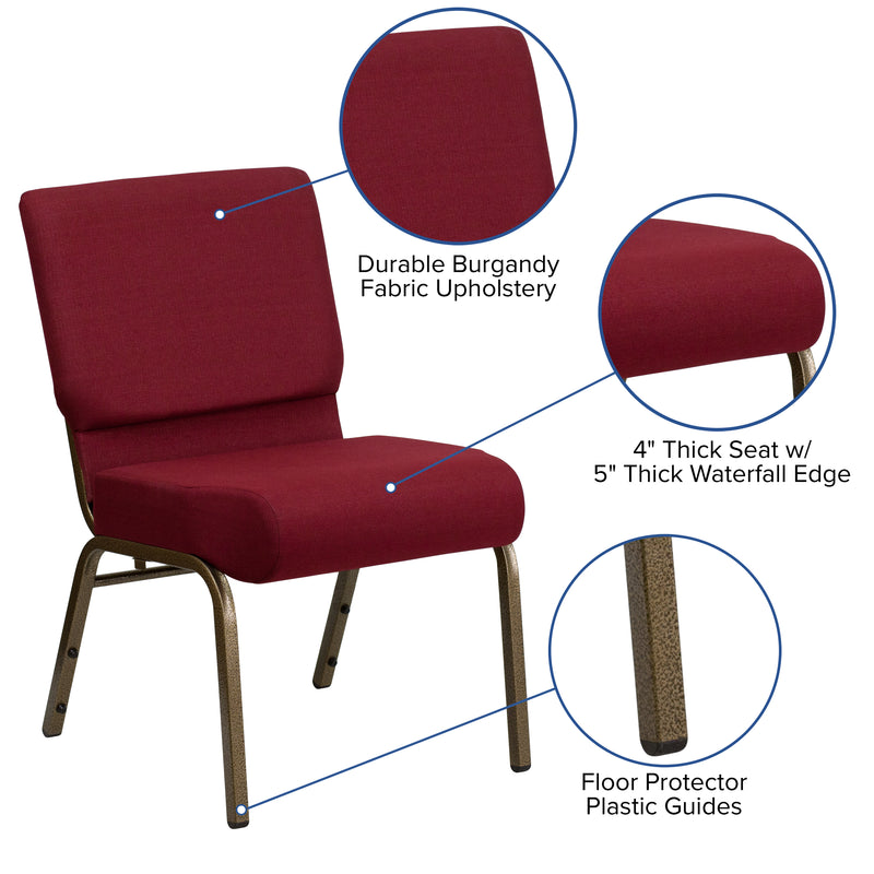 SINGLEWAVE Series 21''W Stacking Church Chair in Burgundy Fabric - Gold Vein Frame