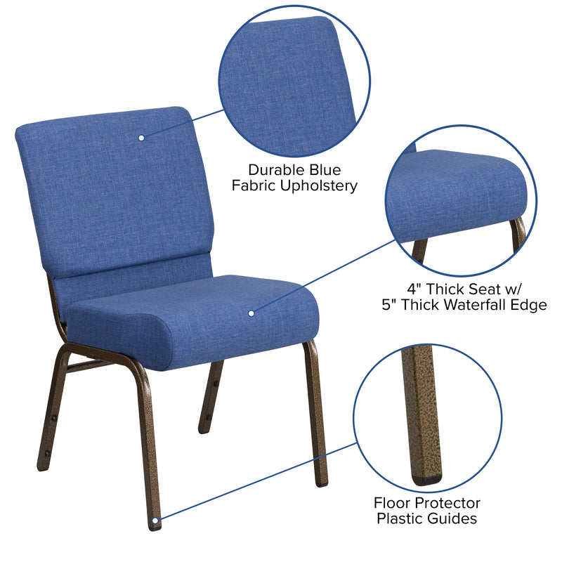 SINGLEWAVE Series 21''W Stacking Church Chair in Blue Fabric - Gold Vein Frame