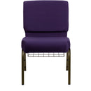 SINGLEWAVE Series 21''W Church Chair in Royal Purple Fabric with Cup Book Rack - Gold Vein Frame