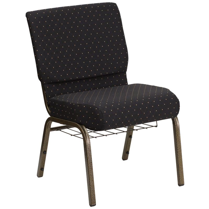 SINGLEWAVE Series 21''W Church Chair in Black Dot Patterned Fabric with Cup Book Rack - Gold Vein Frame