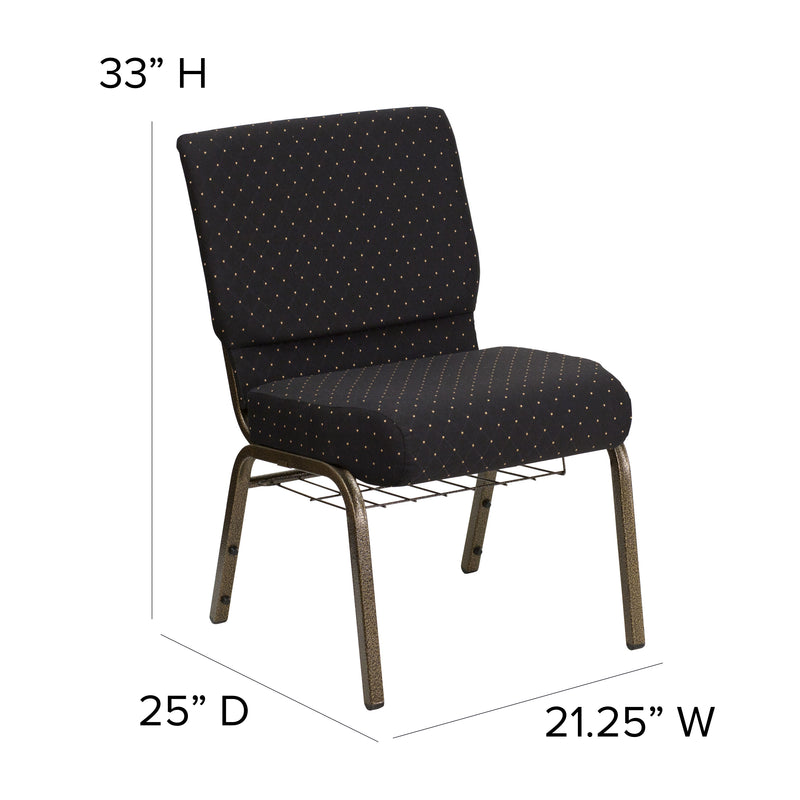 SINGLEWAVE Series 21''W Church Chair in Black Dot Patterned Fabric with Cup Book Rack - Gold Vein Frame