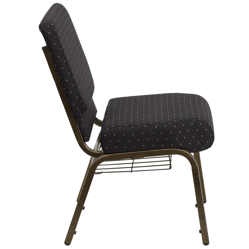 SINGLEWAVE Series 21''W Church Chair in Black Dot Patterned Fabric with Cup Book Rack - Gold Vein Frame