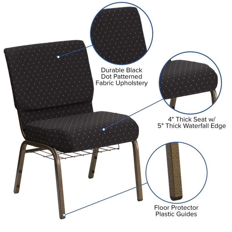 SINGLEWAVE Series 21''W Church Chair in Black Dot Patterned Fabric with Cup Book Rack - Gold Vein Frame