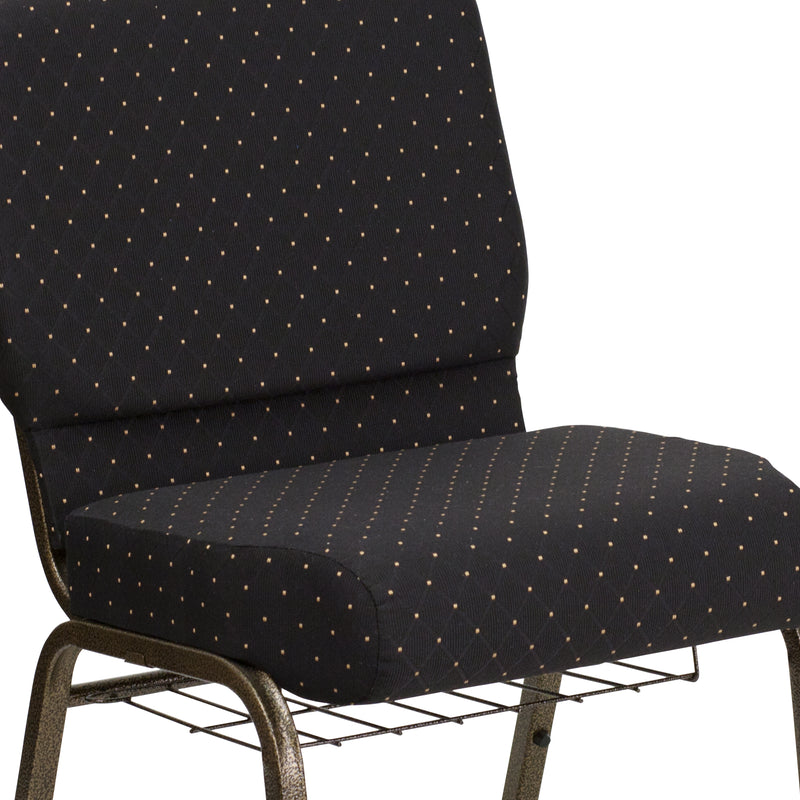 SINGLEWAVE Series 21''W Church Chair in Black Dot Patterned Fabric with Cup Book Rack - Gold Vein Frame