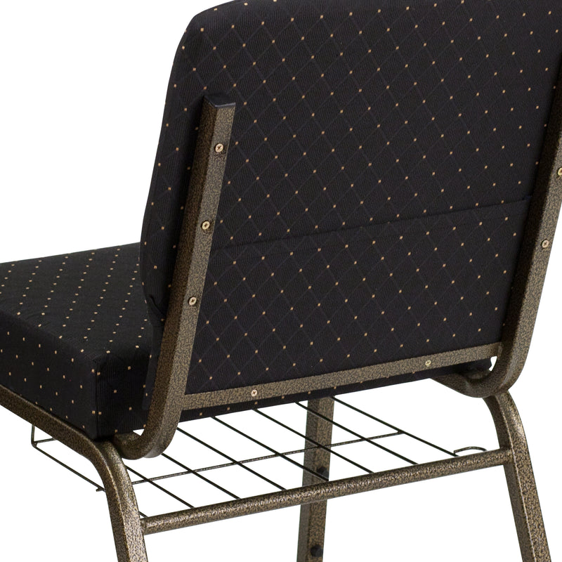 SINGLEWAVE Series 21''W Church Chair in Black Dot Patterned Fabric with Cup Book Rack - Gold Vein Frame