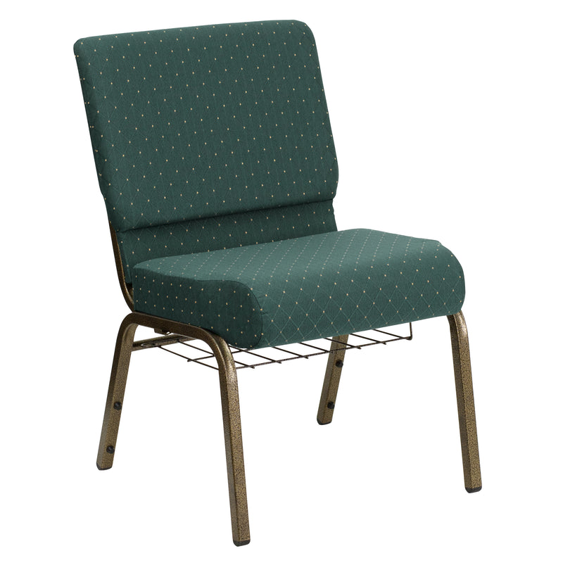 SINGLEWAVE Series 21''W Church Chair in Hunter Green Dot Patterned Fabric with Book Rack - Gold Vein Frame