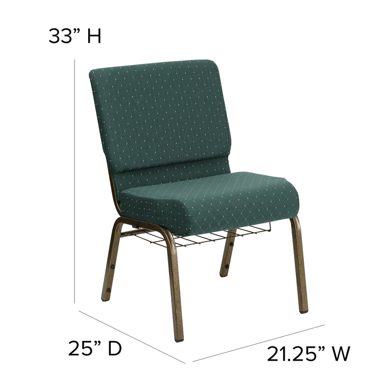 SINGLEWAVE Series 21''W Church Chair in Hunter Green Dot Patterned Fabric with Book Rack - Gold Vein Frame