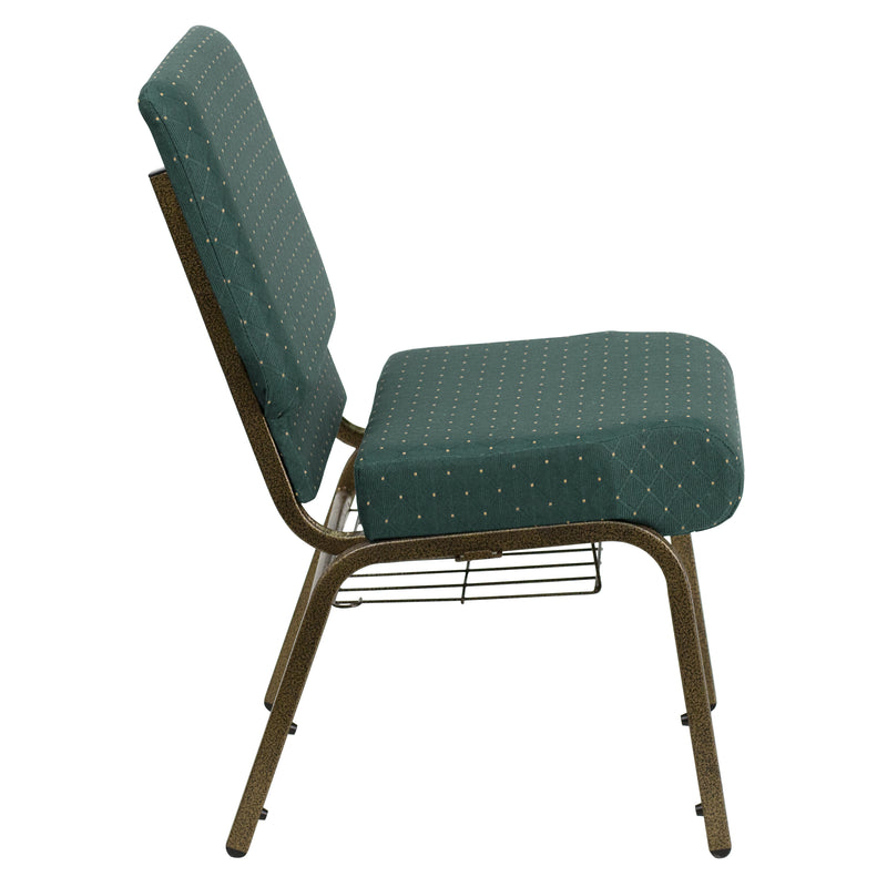 SINGLEWAVE Series 21''W Church Chair in Hunter Green Dot Patterned Fabric with Book Rack - Gold Vein Frame