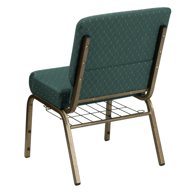 SINGLEWAVE Series 21''W Church Chair in Hunter Green Dot Patterned Fabric with Book Rack - Gold Vein Frame