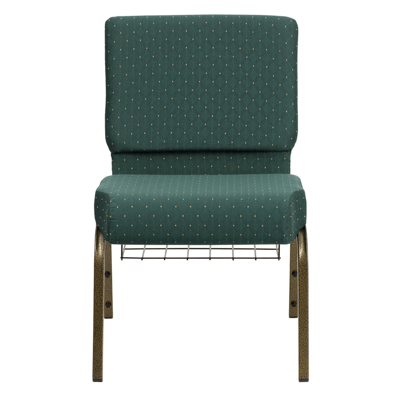 SINGLEWAVE Series 21''W Church Chair in Hunter Green Dot Patterned Fabric with Book Rack - Gold Vein Frame