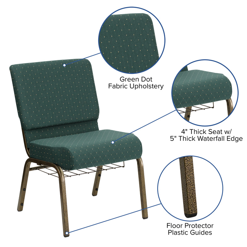 SINGLEWAVE Series 21''W Church Chair in Hunter Green Dot Patterned Fabric with Book Rack - Gold Vein Frame