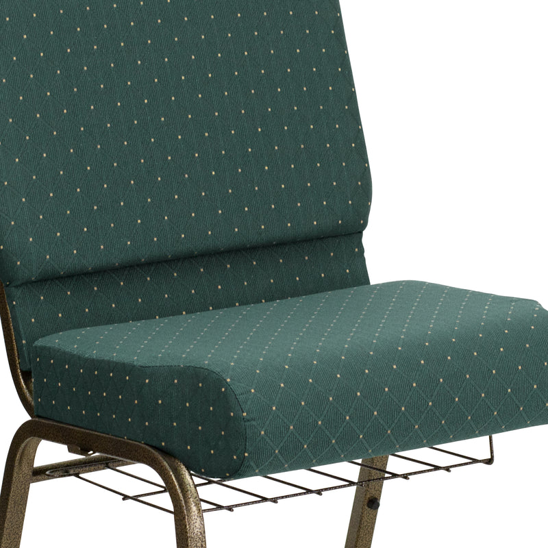 SINGLEWAVE Series 21''W Church Chair in Hunter Green Dot Patterned Fabric with Book Rack - Gold Vein Frame